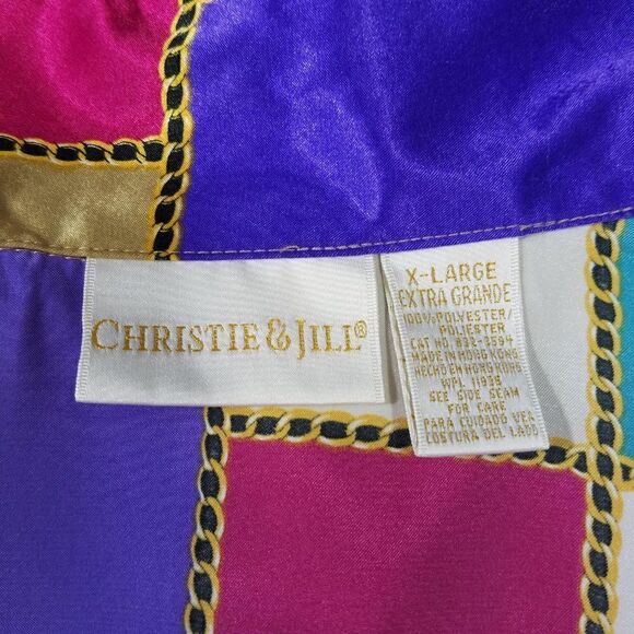 Christie and Jill Shirt Color Block Top Silky Fashion Blouse Chain Link - Picture 6 of 9